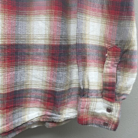 BTC Shirt Mens Large Tall Plaid Flannel Western Pearl Snap Red Gray Long Sleeve - Picture 3 of 8